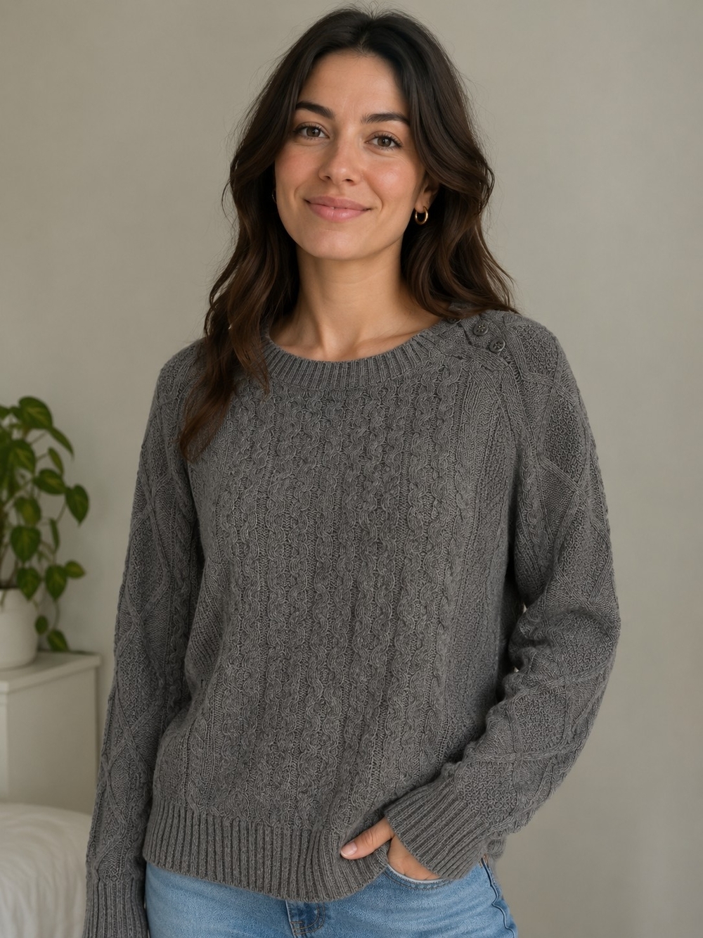 Tory Burch Charcoal Cable Knit Crewneck Sweater